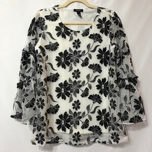 Alfani White Black Floral Lined Bell Sleeve Blouse Womens XS Sheer Boho Fall